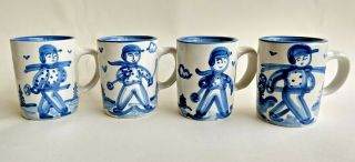 4 - M.  A.  Hadley Pottery Stoneware Mugs 3 7/8 " H.  - Snow Skiers -
