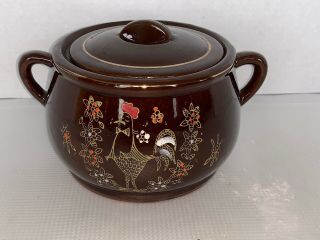 Vintage 5 Cup Clay Bean Pot With Lid Rooster Design