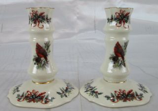 2 Lenox Winter Greetings Candle Sticks Red Cardinals & Chickadees Porcelain 5 "
