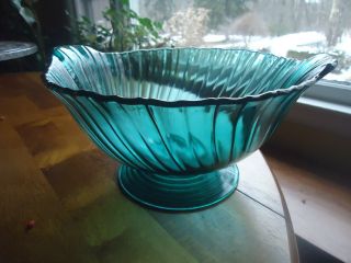 Jeanette Ultramarine Swirl (teal) Depression Glass Footed Console Bowl 1937 - 1938
