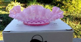 Vintage Fenton Pink Hobnail Ruffled Bowl Scalloped Edges Glass W/box