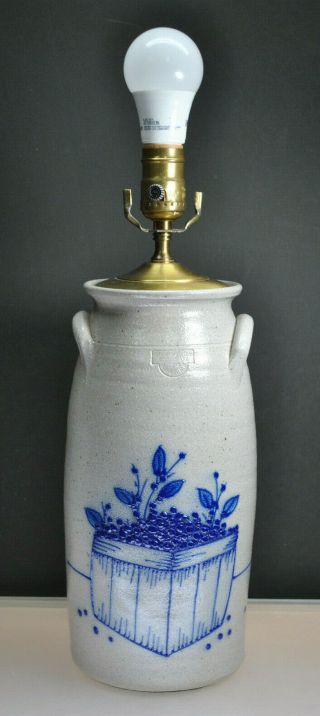 Vintage " Salmon Falls " Stoneware Crock Salt Glazed Lamp " Blueberry Basket "