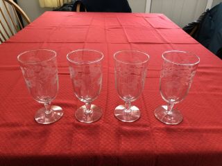 4 Antique,  Vintage Water Glasses,  With Cut,  Frosted Design 4
