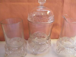 Vintage Clear Depression Cut Glass Creamer,  Sugar,  Biscuit Jar W/lid Footed