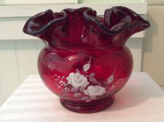 Vintage Fenton Ruby Red Hand Painted Rose Bowl Vase Signed Debi A.  With Oval