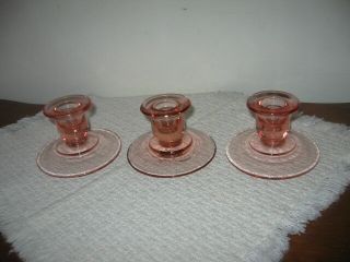 Set Of 3 Pink Depression Glass Candle Sticks For Taper Candles