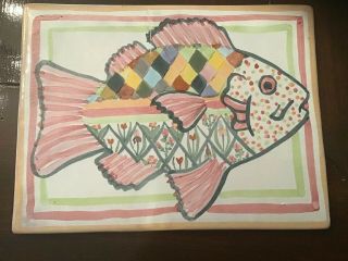 Mackenzie Childs 1983 Pink Fish Story Tile Trivet 8 " By 6 "