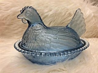 Vintage Indiana Glass 7 " Light Blue Hen On Nest Covered Chicken Candy Dish