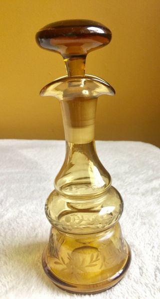 Vintage Etched Amber Glass Double Sided 7” Cruet Hand Blown Euc