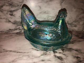 Vintage Fenton Hen In Basket Opalescent Blue Lovely Piece 4