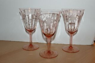 3 Pink Depression Glass Wine Glasses Goblets Etched Or Cut Flowers Pattern