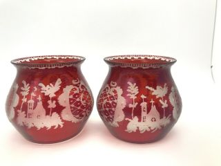 Vintage Bohemian Ruby Red Frosted Etch Glass Votive Candle Holder Bud Vase