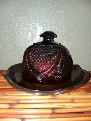 Vintage Ruby Red Glass Covered Cheese Or Butter Dish