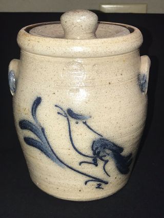 Rowe Pottery Stoneware Salt Glaze Storage Jug Crock & Lid Bird 8” 1984