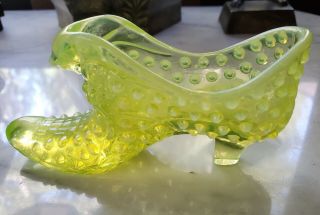 Vintage Yellow Vaseline Hobnail Glass Shoe Boot Slipper Collectible With Cat
