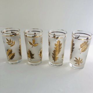 4 Vintage Libbey Frosted Gold Leaf Foliage Mid Century Glasses Water Tumbler Set 2