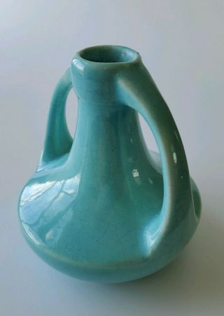 Vintage Rookwood Pottery Deco Two Handled Vase Blue - Green Teal 4.  5” Unmarked 2