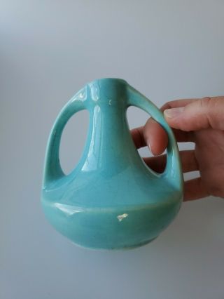 Vintage Rookwood Pottery Deco Two Handled Vase Blue - Green Teal 4.  5” Unmarked 3