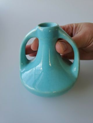 Vintage Rookwood Pottery Deco Two Handled Vase Blue - Green Teal 4.  5” Unmarked 7