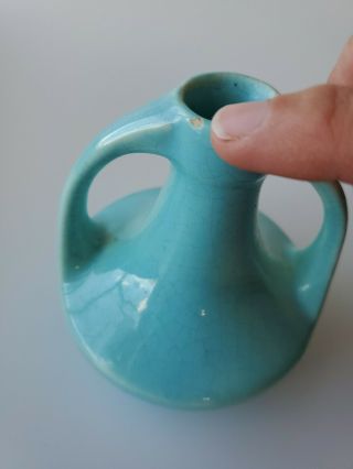 Vintage Rookwood Pottery Deco Two Handled Vase Blue - Green Teal 4.  5” Unmarked 8
