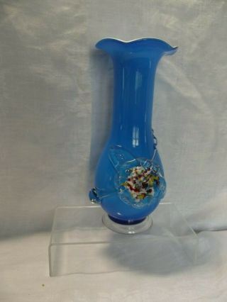 Blue Murano Italian Cased Glass Vase With Applied Floral Rosette