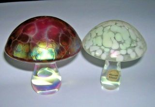 Heron Glass White Mushroom Paperweight 6.  5cm,  Label,  & Pink Iridescent 7cm