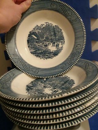 7 Royal Currier And Ives Blue Rim Soup Bowls 8 & 1/2 " Early Winter