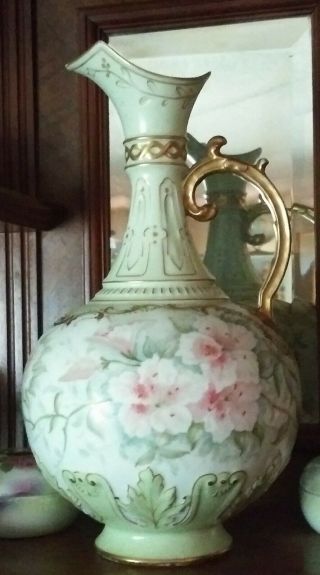 Antique " Elite " French Vase,  Hand Painted Flowers Unique Releif Detail In Mold