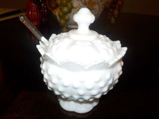 Fenton Hobnail White Milk Glass Covered Marmalade Jar And Spoon.  Signed