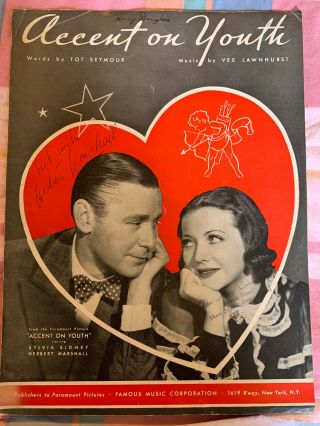 Herbert Marshall Autographs " Accent On Youth " 1935 Sheetmusic Sid Skolsky Estate