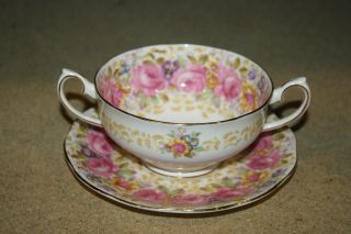 Vintage Royal Albert " Serena " Double Handled Cream Soup Bowl With Saucer