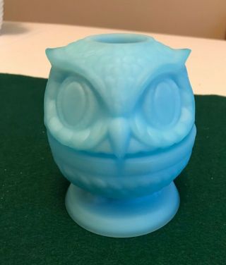 Fenton Blue Satin Owl Fairy Lamp 3 1/2  Tall