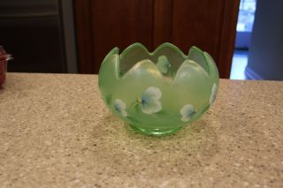 Fenton Green Bowl Blue White Flowers Hand Painted By K.  Brightbill Scalloped