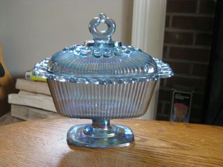 Indiana Windsor Blue Iridescent Carnival Glass Pedestal Lidded Candy Dish