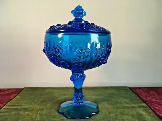 Fenton Art Glass Blue Cabbage Rose Pedestal Candy Dish With Lid