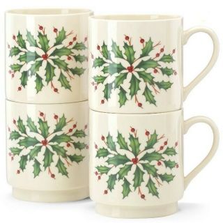 Lenox Holiday Stacking Mugs Set Of 4 12 Oz Mugs Christmas Holly Berry Nib