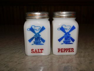 Vintage Milk Glass Hazel Atlas Dutch Blue Windmill Salt & Pepper Shakers