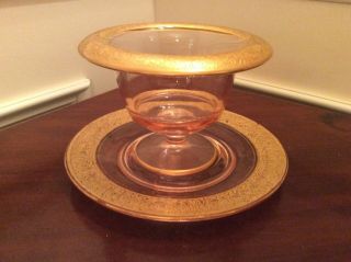 Vintage 2 Piece Pink Depression Glass Bowl Plate With Gold Trim