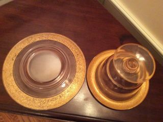 Vintage 2 Piece Pink Depression Glass Bowl Plate with Gold Trim 4