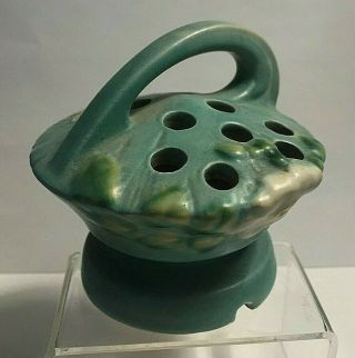 Vintage Roseville Pottery White Rose Blue Green Flower Frog 2