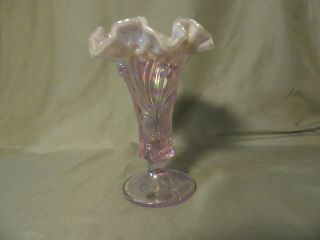 Vtg Fenton Art Glass Lavender Pink Iridescent Opalescent Vase Daffodil Pattern