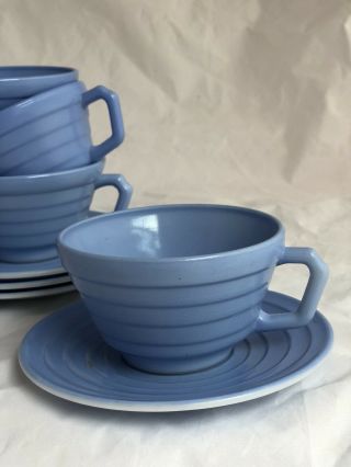 Vintage Hazel Atlas Moderntone Pastel Platonite Coffee Cups /saucers Blue Set 4