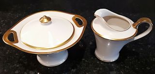 Vintage Theodore Haviland Ny Creamer & Sugar Bowl With Lid Set Gold Trim
