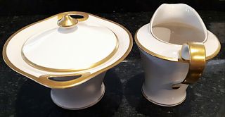 VINTAGE Theodore Haviland NY Creamer & Sugar Bowl with Lid Set Gold Trim 2