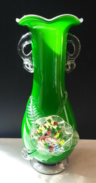Vintage 1970s Murano Hand - Made Glass Vase.  Applied Flower/ Cased White/ Mid - 20c