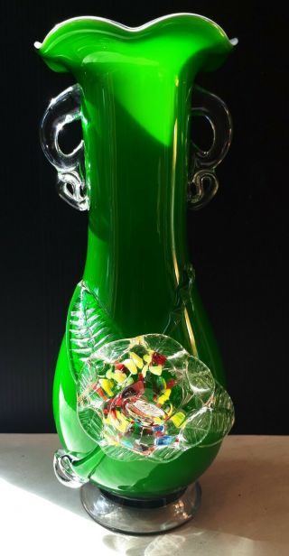 Vintage 1970s Murano Hand - Made Glass Vase.  Applied Flower/ Cased White/ Mid - 20C 3