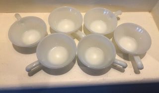 6 Vintage Anchor Hocking " Fire King " Vintage Milk Glass Soup Bowls W/handles