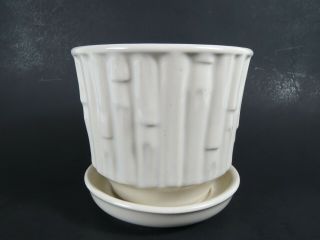 Vtg Mccoy Usa Pottery White Ivory Bamboo Flower Pot Ceramic Planter W/ Saucer 4 "