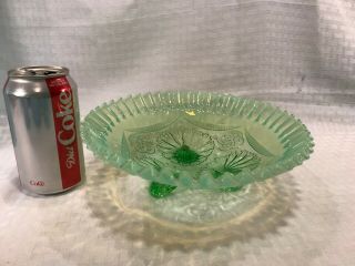 TE197 VTG Northwood Glass Green Opalescent Edge Ruffled Bowl Rings 9 - 1/2 Footed 3