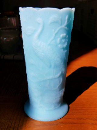 Vintage Fenton 8 " Peacock Flower Vase Blue Satin Glass 8257 Ba